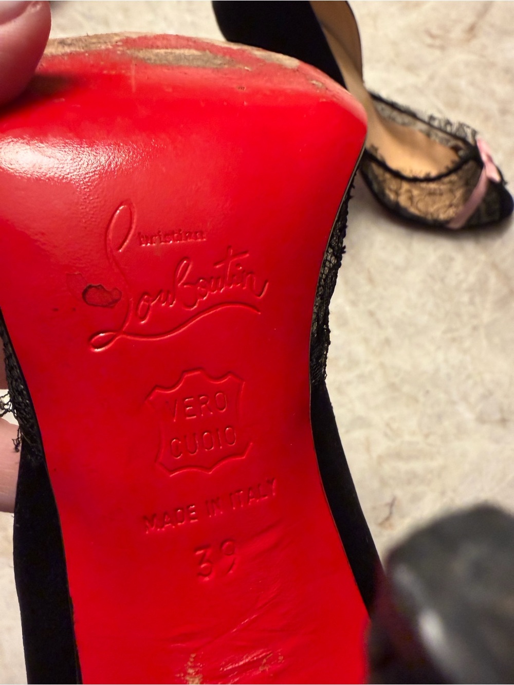 Gently worn Christian Louboutin Black Lace Pointed Toe Pumps with Pink Bow - Picture 7 of 10